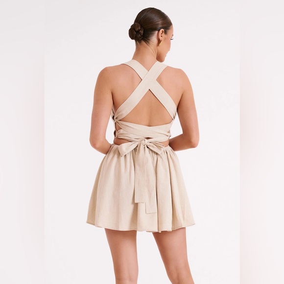 Meshki Loz Tie Back Linen Mini Dress - Natural - Picture 5 of 12